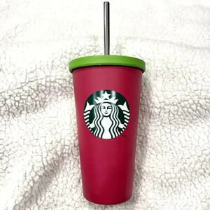 STARBUCKS NWOT Grande 16oz Matte Green & Pink Cold Cup Holiday Festive Tumbler